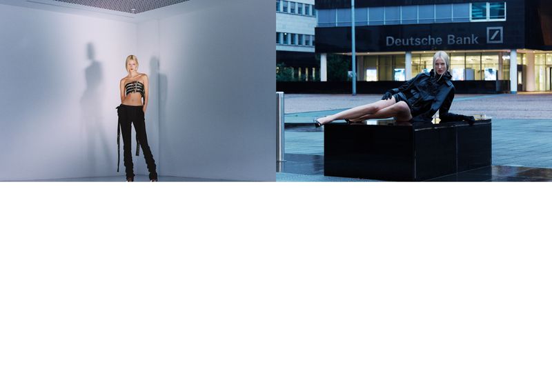 Two women pose in studio and urban settings. One woman in crop top and pants stands in white studio; another lies on black box.