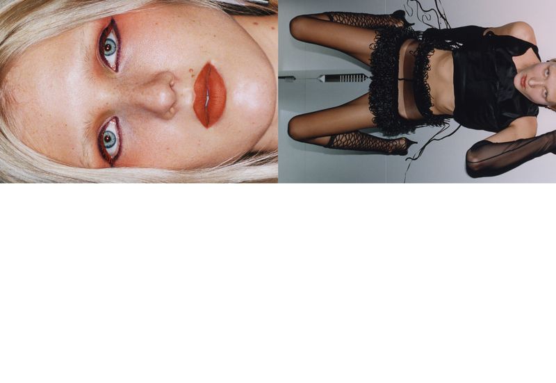 Close-up of a fair-skinned blonde woman with striking eye and lip makeup, juxtaposed with full body shot in sheer black lingerie.