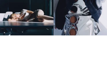 Model lying on a conference table wearing white top, next to a close-up of a metallic garment with circular cutouts for Alla Carta SS25.