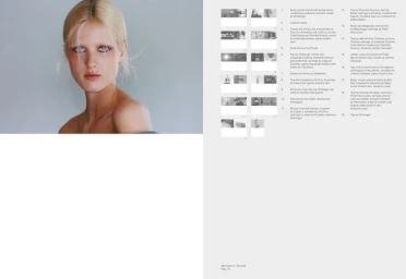 Close-up portrait of a blonde female model with dramatic eye makeup alongside a grid of small lookbook thumbnails and editorial text.