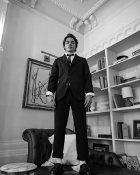 Monochrome portrait of a young man in a dark suit standing atop a leather sofa in an interior library setting.