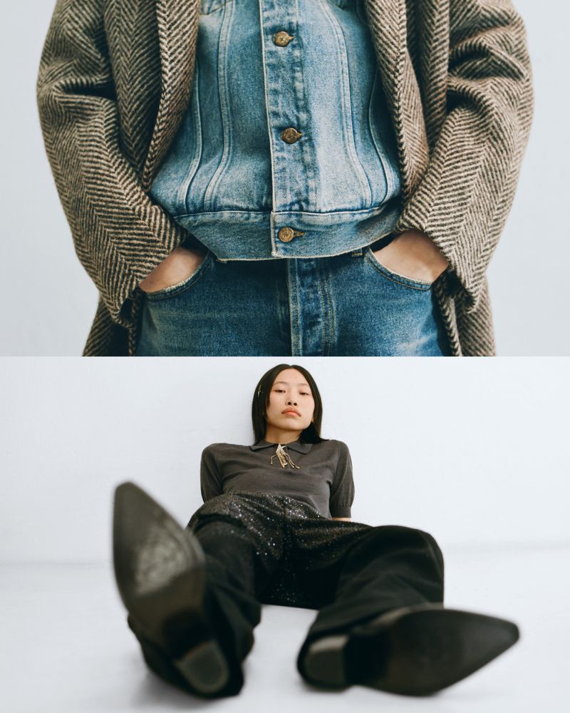 Fashion shot featuring an Asian woman in gray top and sequined black pants, seated with cowboy boots visible. Upper body shows denim jacket.