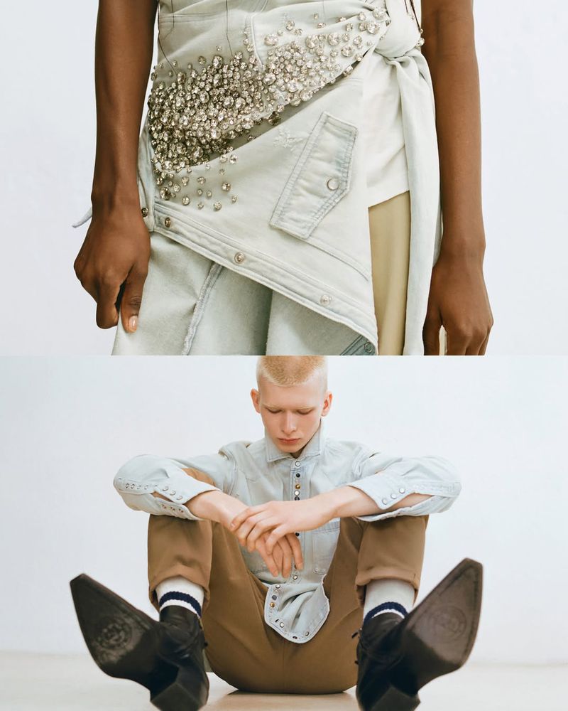 Split studio shot showcasing light-wash denim fashion, one model seated with black boots and another wearing an embellished denim wrap.