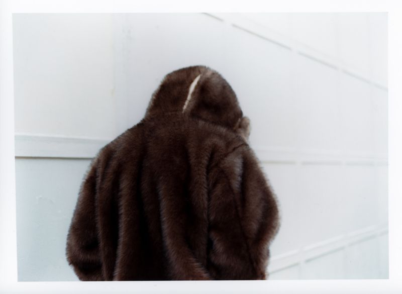 Close-up studio shot of a brown hooded fur coat against a bright white wall with a subtle horizontal line pattern.
