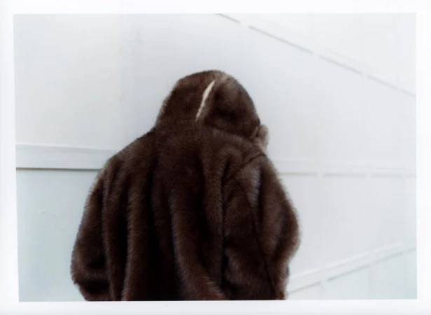 Close-up studio shot of a brown hooded fur coat against a bright white wall with a subtle horizontal line pattern.