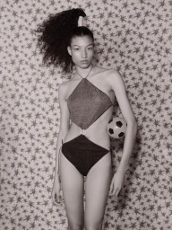 Model in a cutout metallic swimsuit holding a miniature soccer ball against patterned palm wallpaper