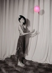Model standing on carpeted steps holding hands out toward a floating pink sphere against draped fabric