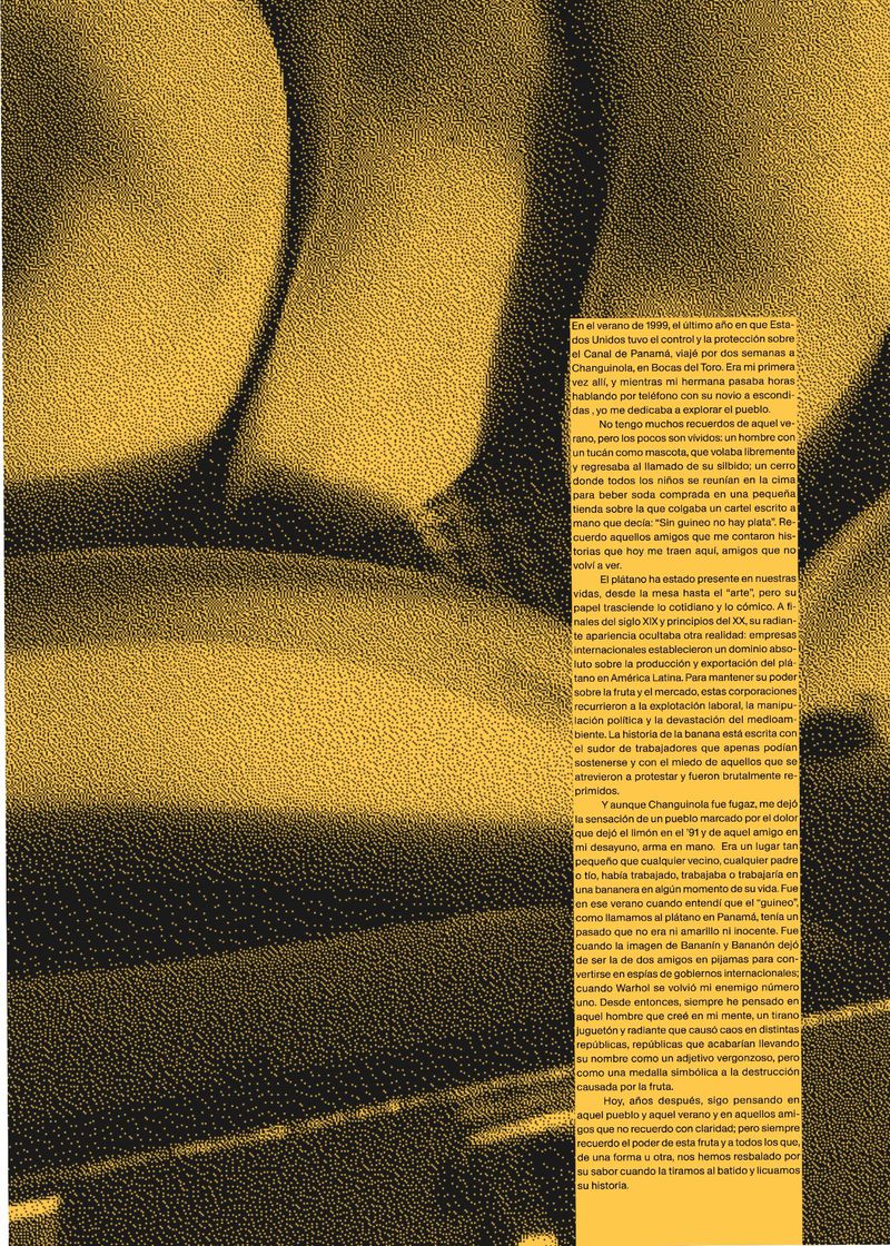Graphic design featuring a cluster of yellow bananas with textured effect and overlaid text in Spanish for visual appeal.