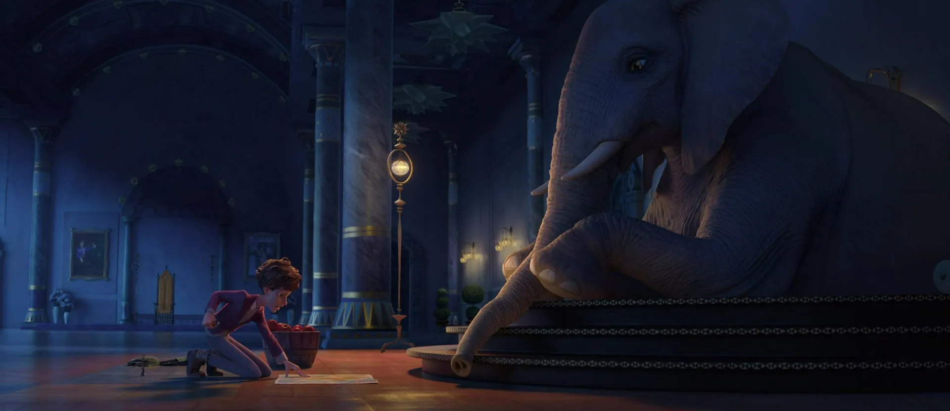 Animated scene featuring a young girl looking at a map near a large elephant statue in a grand, blue-toned interior space.