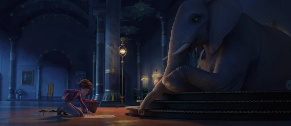 Animated still from The Magician's Elephant showing a young boy kneeling before a large elephant in a grand hall.