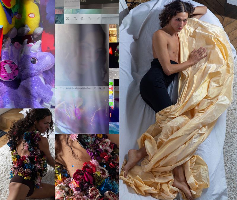 A young adult lying on a bed covered with a gold sheet; collage background including floral dress and stuffed animals, indoor shot.