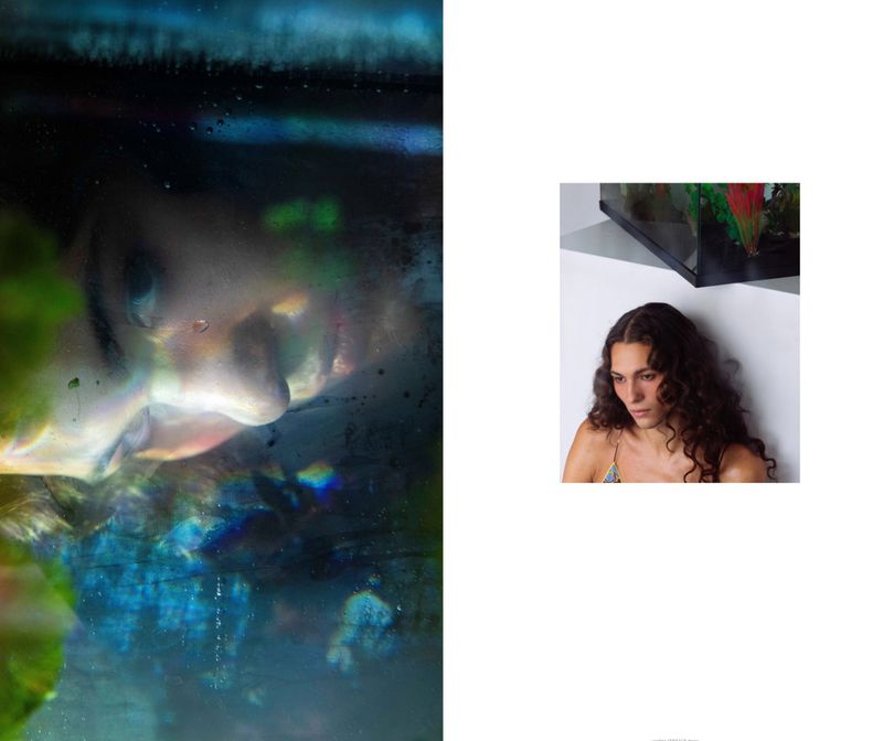 Portrait of a woman with long, curly hair next to an abstract, dreamy background with blue and green colors, and light reflections.