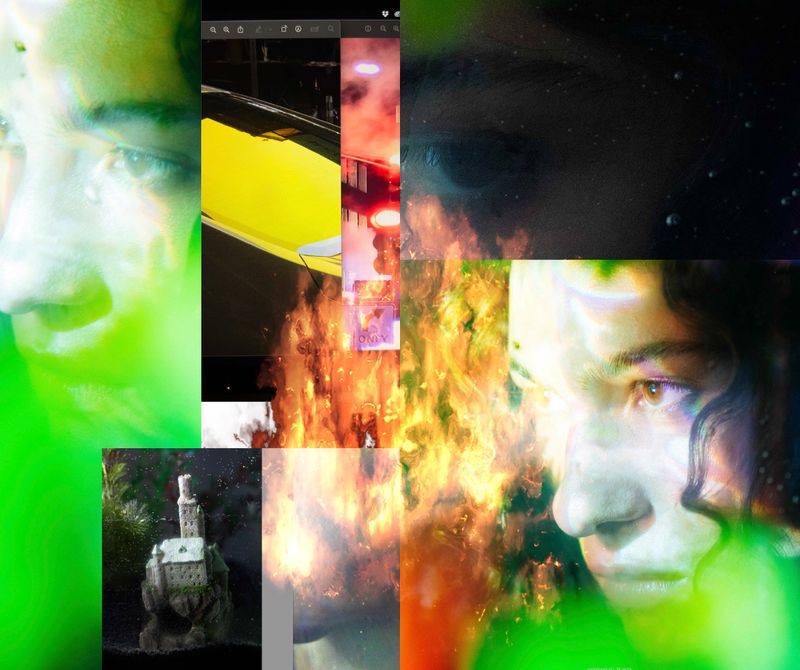 Abstract collage with faces, flames, and architecture. The image features a blend of portraits, fire effects, and building imagery.