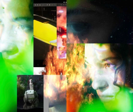 Abstract collage with faces, flames, and architecture. The image features a blend of portraits, fire effects, and building imagery.