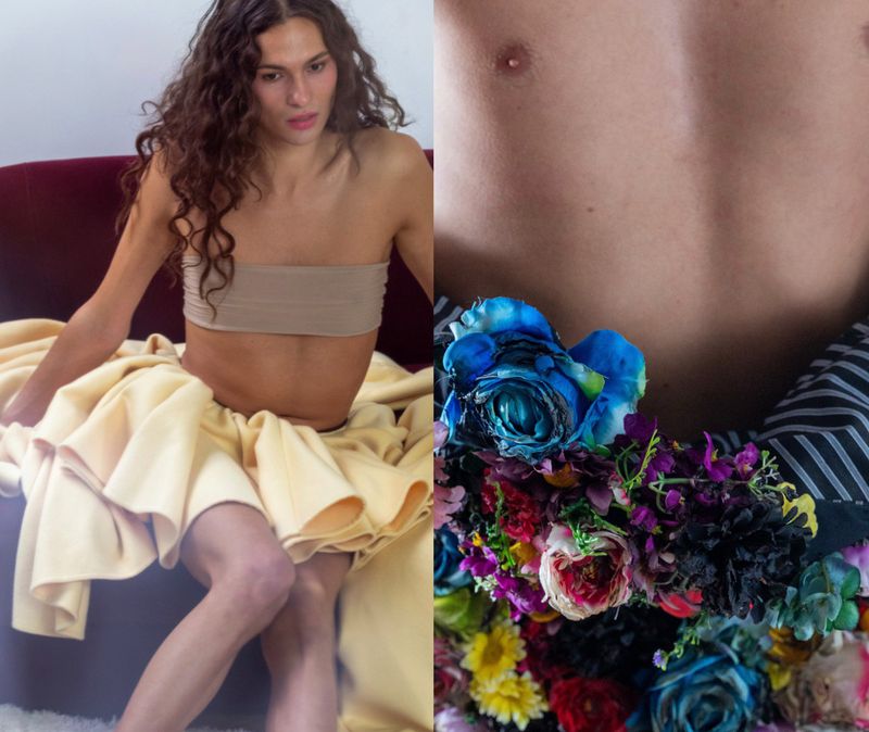 Split image: A woman in beige attire sitting on a red couch and a close-up of a bare chest adorned with vibrant blue and multicolored flowers.