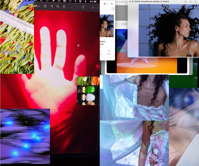 Compilation of digital images featuring a hand in red light, leaves, people, and abstract graphics.