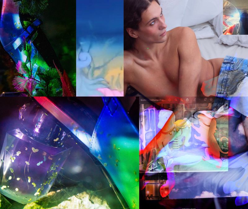Abstract collage featuring a shirtless person, aquariums, and surreal effects, blending fashion with surreal elements for visual interest.