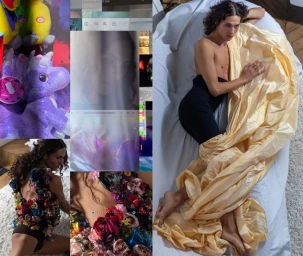 Collage composition featuring a model draped in a yellow fabric and floral garments with stuffed animals on display