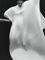 Model wrapped in a large sculptural white pleated fabric against a dark background for the project Love and death