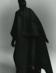 Model wearing a dark hooded cloak seen from behind against a neutral gradient background for the Love and death editorial project.