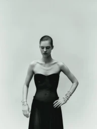Model with a buzzcut wearing a black strapless dress against a pale grey seamless studio background.