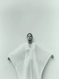 Model Angelina Artemieva wearing a flowing white kaftan against a minimalist light grey background in an editorial photograph