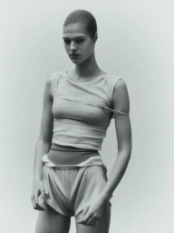 Model with short hair wearing a light-colored sleeveless top and shorts against a neutral studio background
