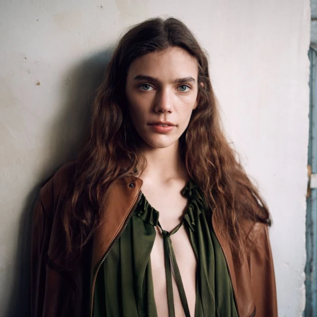A young adult woman with wavy brown hair wears a brown leather jacket and green top in a close-up studio portrait against a white wall.