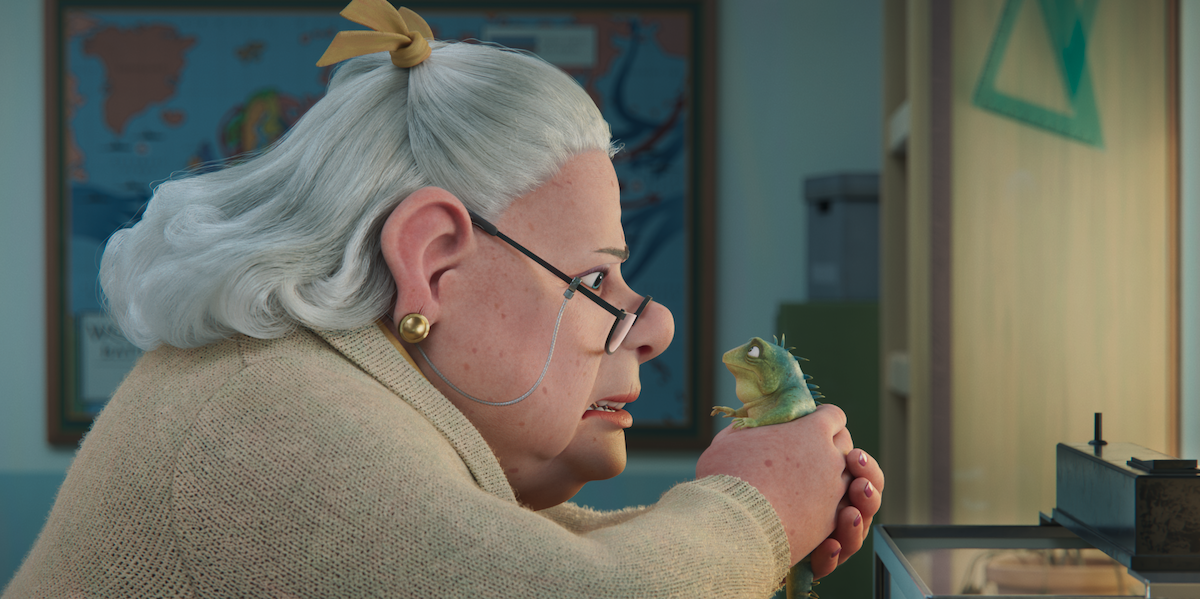 Animated scene with an elderly woman holding a green iguana, indoors. The woman has gray hair and glasses and is wearing a beige sweater.