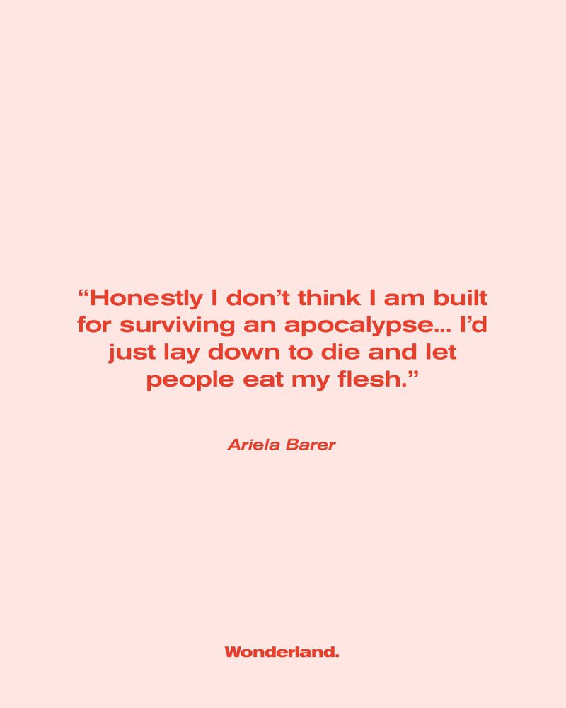 Inspirational graphic with a quote by Ariela Barer in red against a light pink background; text from Wonderland magazine.
