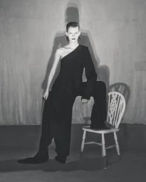 Model in black one-shoulder top and trousers posing with one foot on a wooden chair against a wall casting a stark shadow.