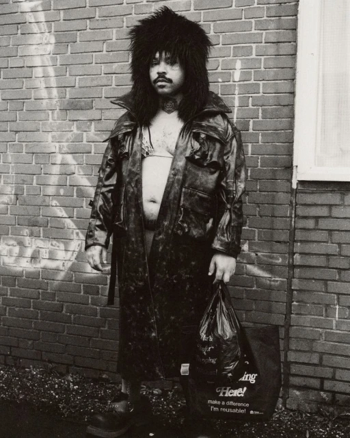 Monochrome portrait of a person in a fur hat and black coat holding a shopping bag, standing against a brick wall outdoors.