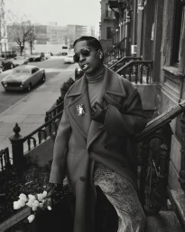 A$AP Rocky on a New York brownstone stoop wearing a heavy coat and sunglasses while holding white flowers, photographed by Tyler Mitchell.
