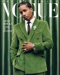 A$AP Rocky in a green velvet double-breasted suit against draped green curtains for an American Vogue cover portrait