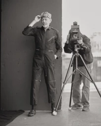Jeff Goldblum wearing a dark jumpsuit adjusting sunglasses while a photographer operates a large camera on a tripod