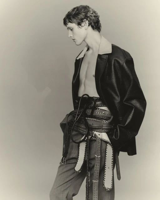 Male model in a black jacket and gray pants with decorative belts, striking a pose against a plain background in a fashion editorial photo.