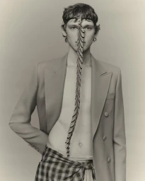 Portrait of a male model wearing a blazer and plaid wrap, holding a patterned feather vertically over his face