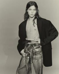 Model with long dark hair wearing an oversized black blazer and patterned pants against a neutral studio backdrop