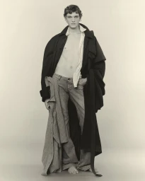Model in dark coat and open striped shirt standing against plain background for U Repubblica project Ensemble