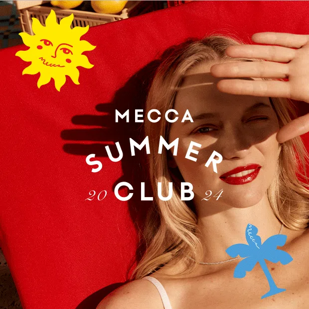 Blonde woman with red lipstick poses with hand shading eyes on red background with summer graphics, promoting MECCA Summer Club 2024.