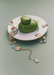 Fine jewellery pieces arranged with a green object on a decorative white and gold plate against a soft sage background.