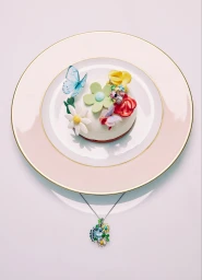 Decorative pastry adorned with sugar flowers and butterflies resting on a fine china plate with a gemstone necklace hanging below
