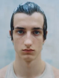 Close-up portrait of model Connor Newall with slicked wet hair and neutral expression against a plain background
