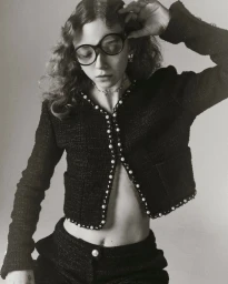 Model Lily Nova wearing a black tweed jacket with pearl trim and round glasses for The Hunger Magazine