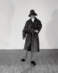 Man wearing a dark leather trench coat and bucket hat over his eyes against a plain wall and wood floor