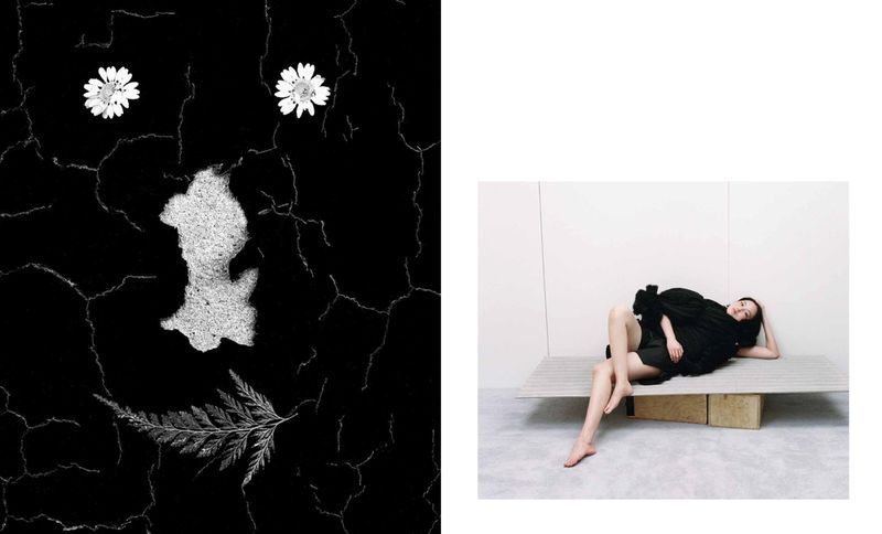 Artistic diptych: woman in black reclines on a platform against a white wall, contrasted with a monochrome abstract floral composition.