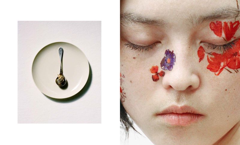 Close-up shot of a young woman's face with floral face paint, combined with a minimalistic image of a silver spoon on a white plate.
