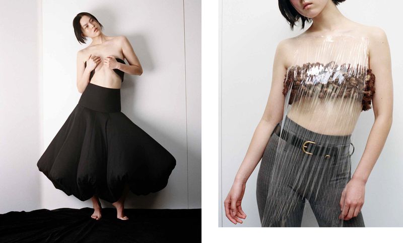 Two panel diptych image featuring a model wearing structured black clothing against a white studio background.