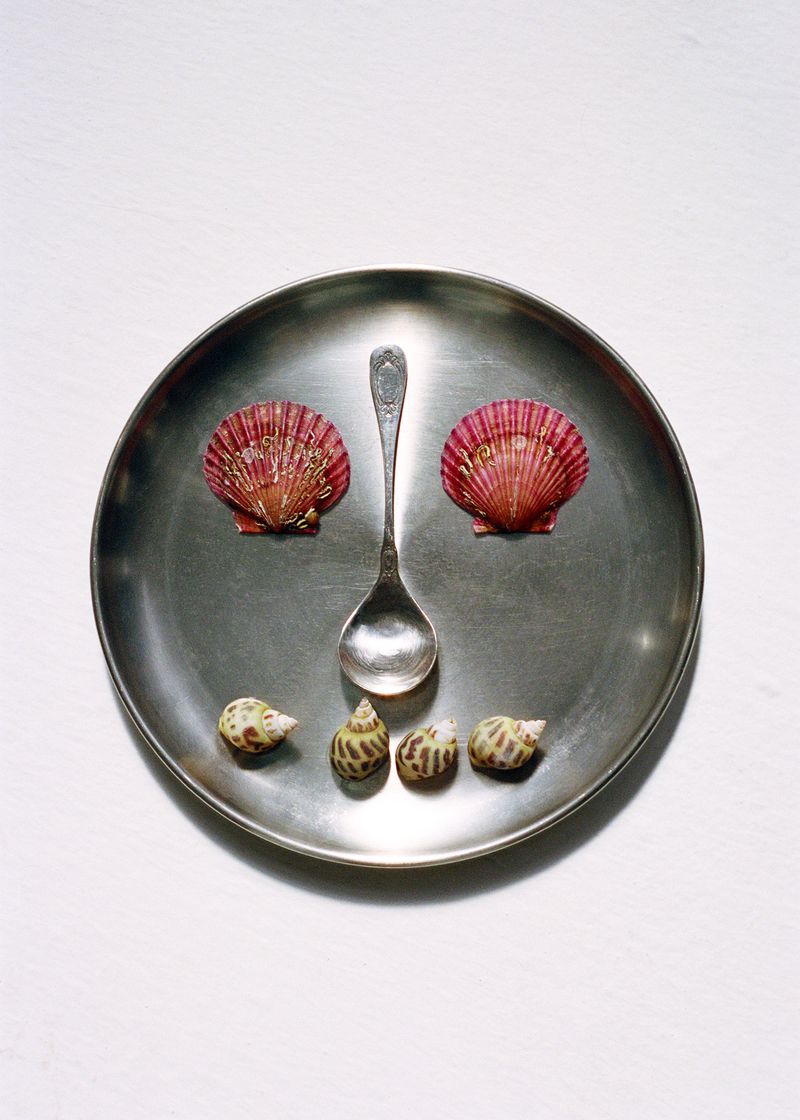 Seashells and a spoon form a face on a silver platter against a white background, creating a whimsical and artistic food still life.