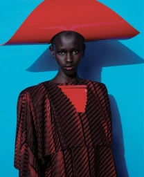 Model Rejoice Chuol wearing a sculptural red headpiece and striped patterned top against a bright blue background for WSJ High Contrast